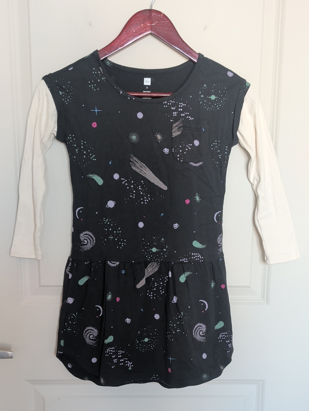 Tea Collection Black Space-Print Layered Dress with Cream Sleeves